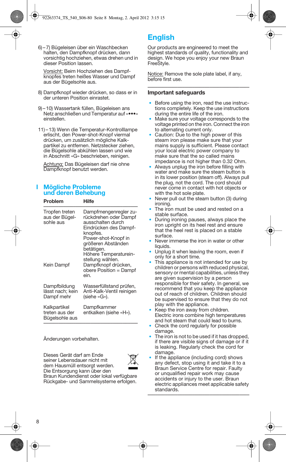 English, I mögliche probleme und deren behebung | Braun TexStyle 5 530 User Manual | Page 8 / 78