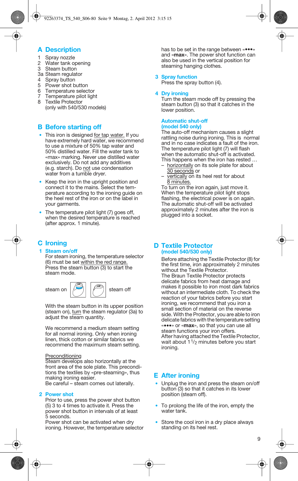 A description, B before starting off, C ironing | D textile protector, E after ironing | Braun TexStyle 5 530 User Manual | Page 9 / 78