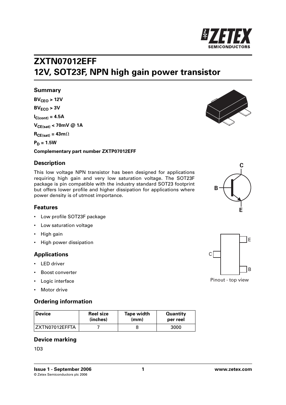 Diodes ZXTN07012EFF User Manual | 6 pages