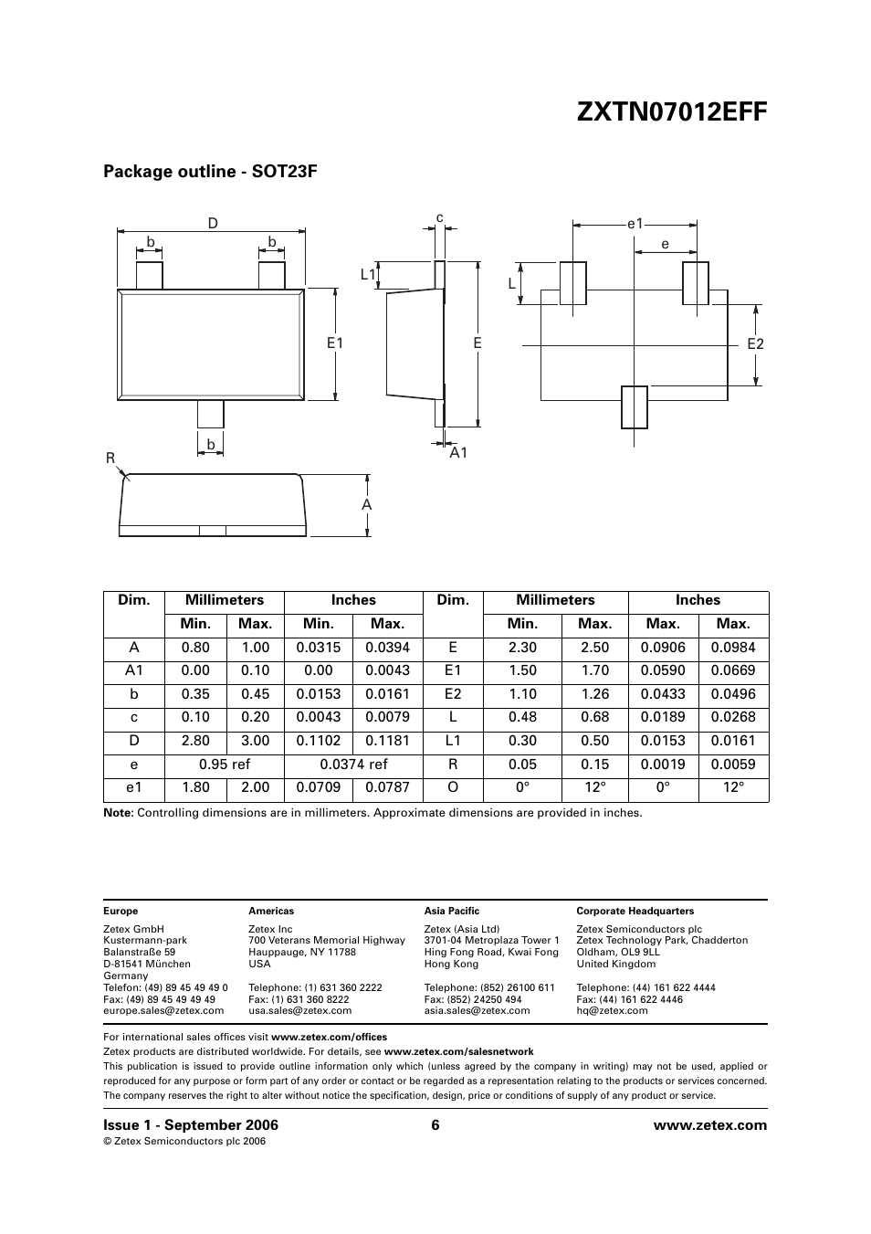 Package outline - sot23f | Diodes ZXTN07012EFF User Manual | Page 6 / 6