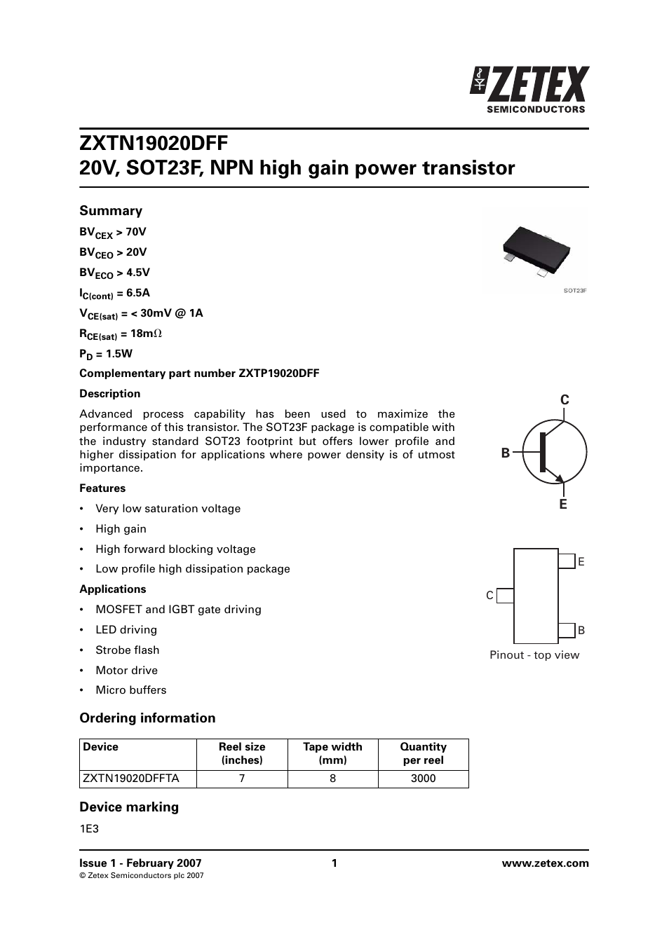 Diodes ZXTN19020DFF User Manual | 8 pages