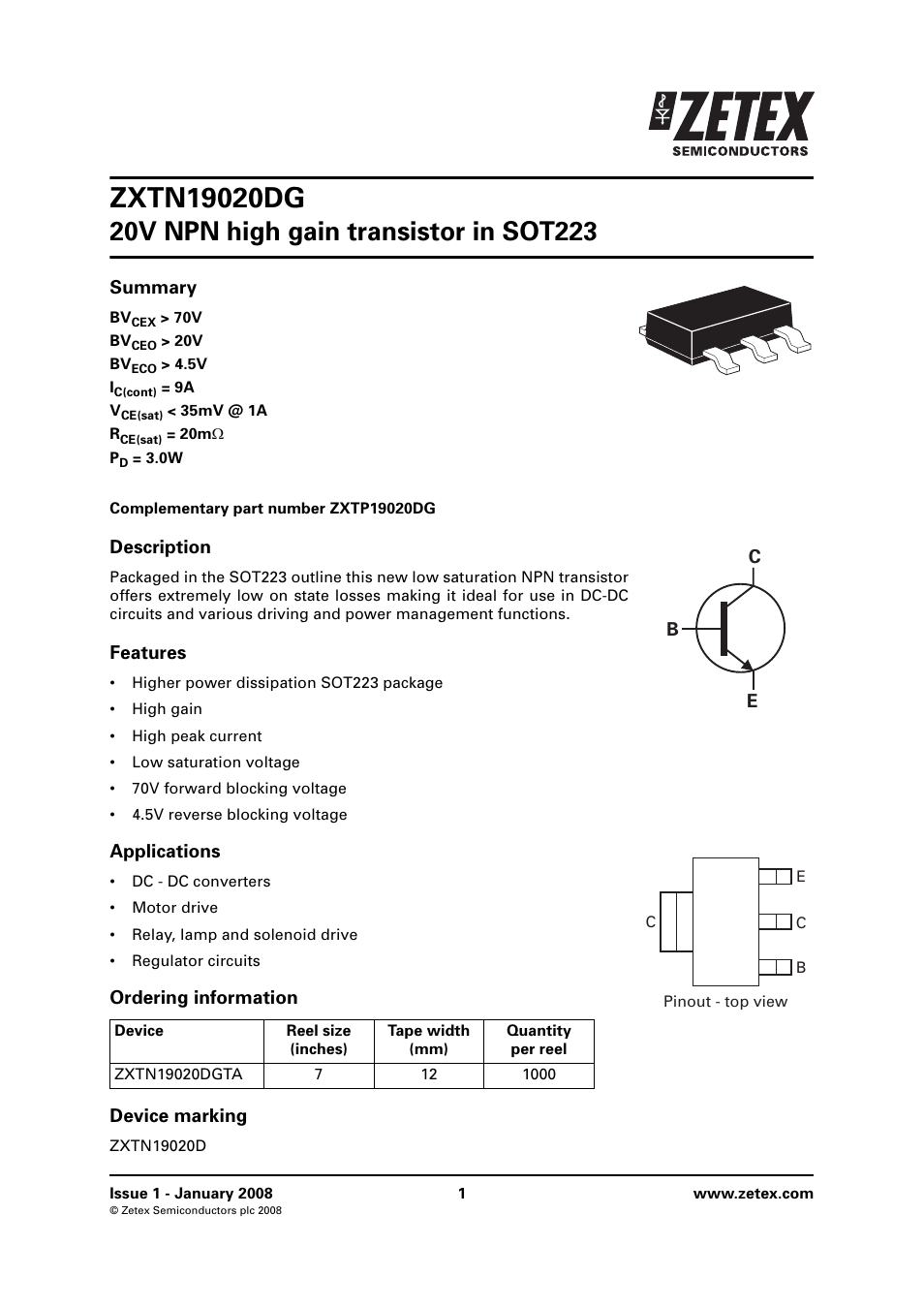 Diodes ZXTN19020DG User Manual | 8 pages