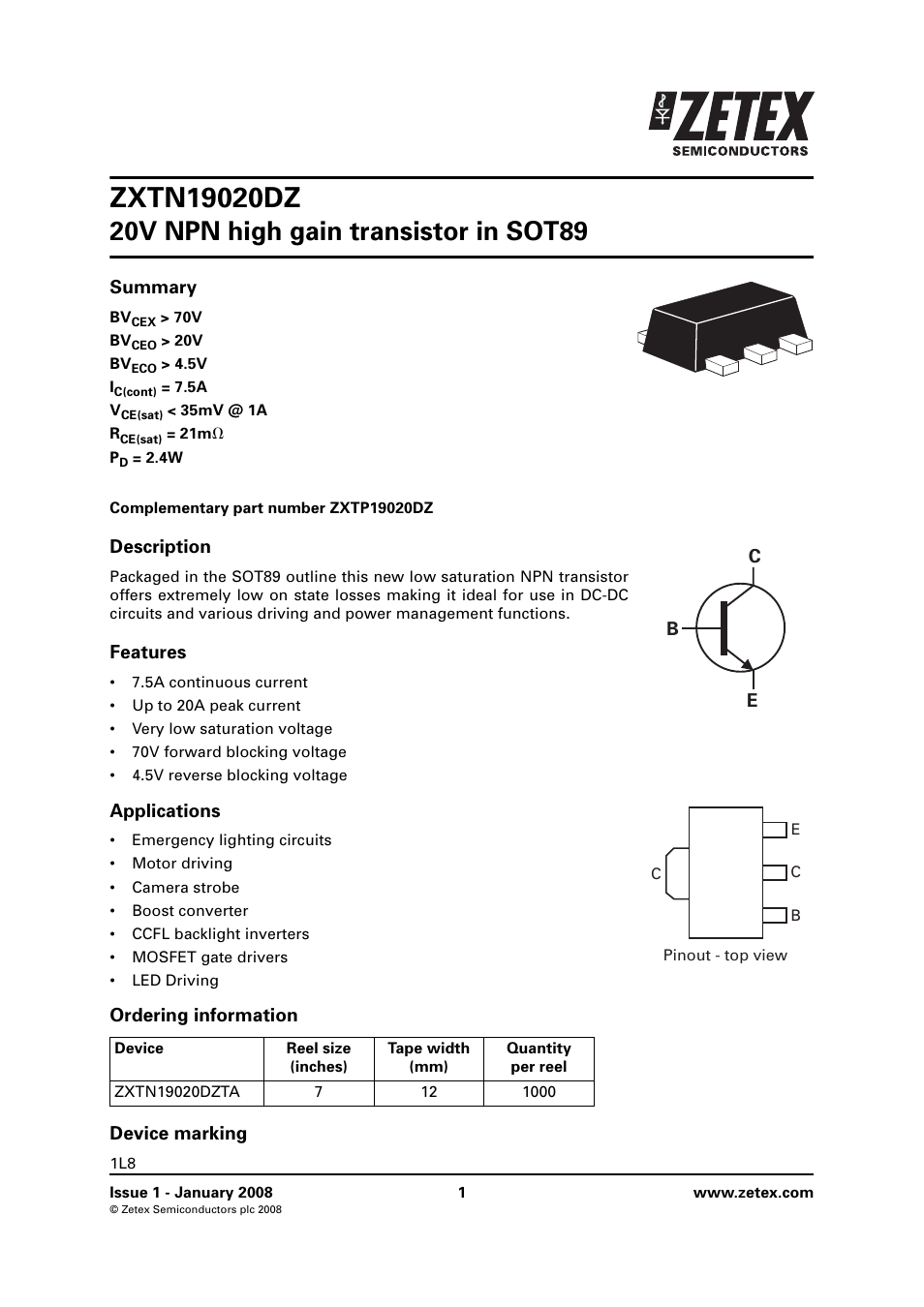 Diodes ZXTN19020DZ User Manual | 8 pages