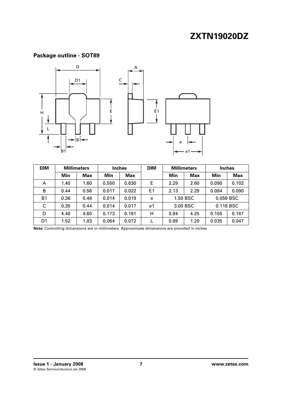 Package outline - sot89 | Diodes ZXTN19020DZ User Manual | Page 7 / 8