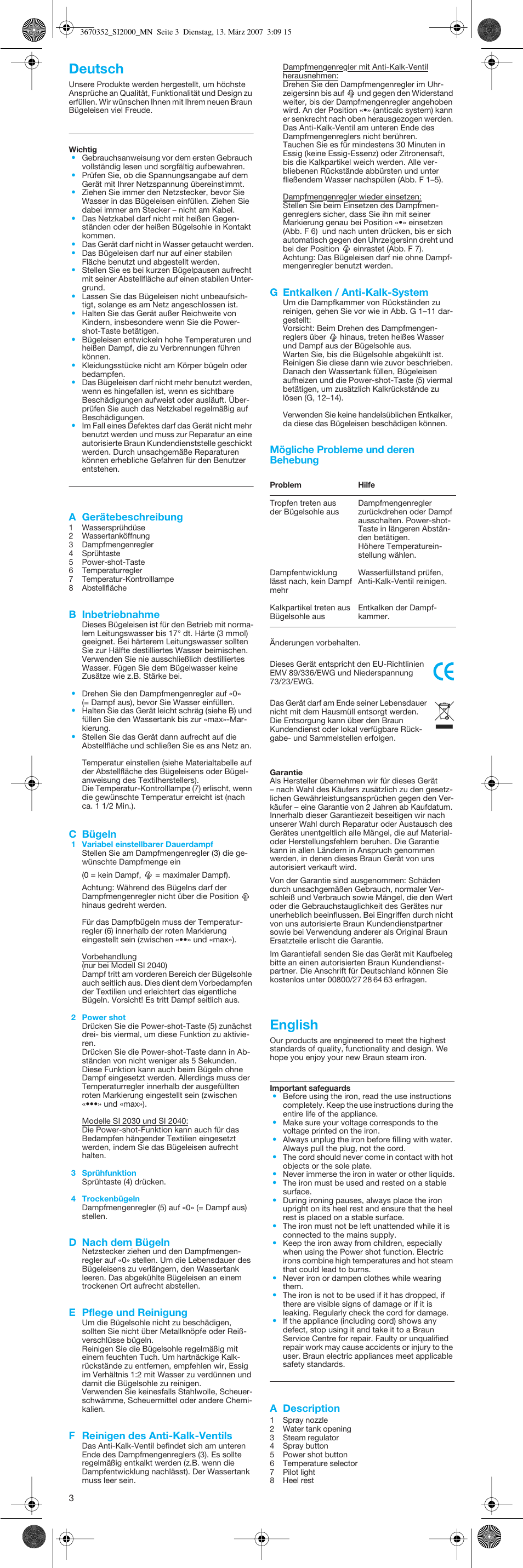 Deutsch, English | Braun EasyStyle SI 2040 User Manual | Page 3 / 20