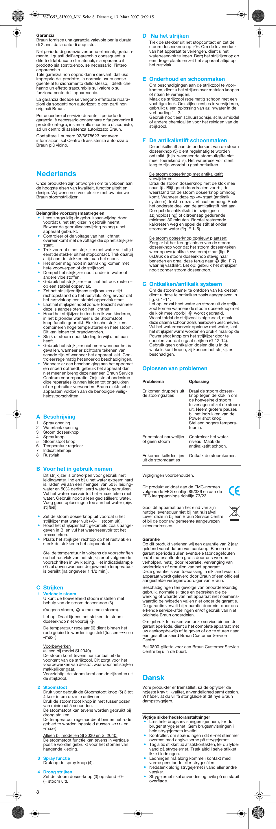 Nederlands, Dansk | Braun EasyStyle SI 2040 User Manual | Page 8 / 20