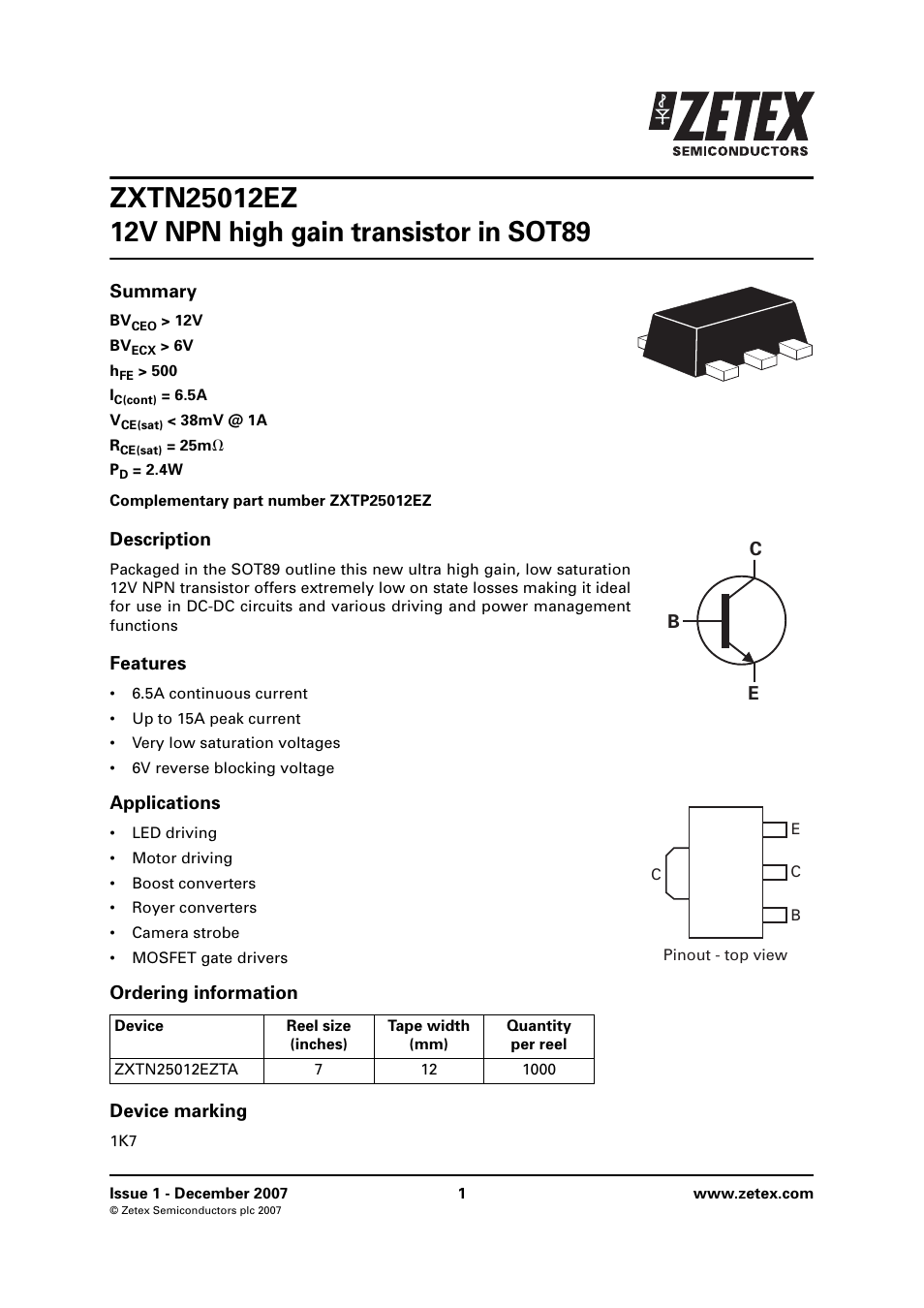 Diodes ZXTN25012EZ User Manual | 8 pages