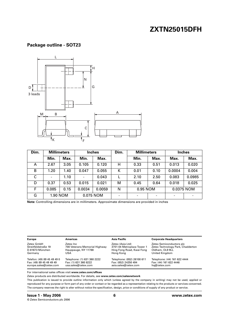 Package outline - sot23 | Diodes ZXTN25015DFH User Manual | Page 6 / 6