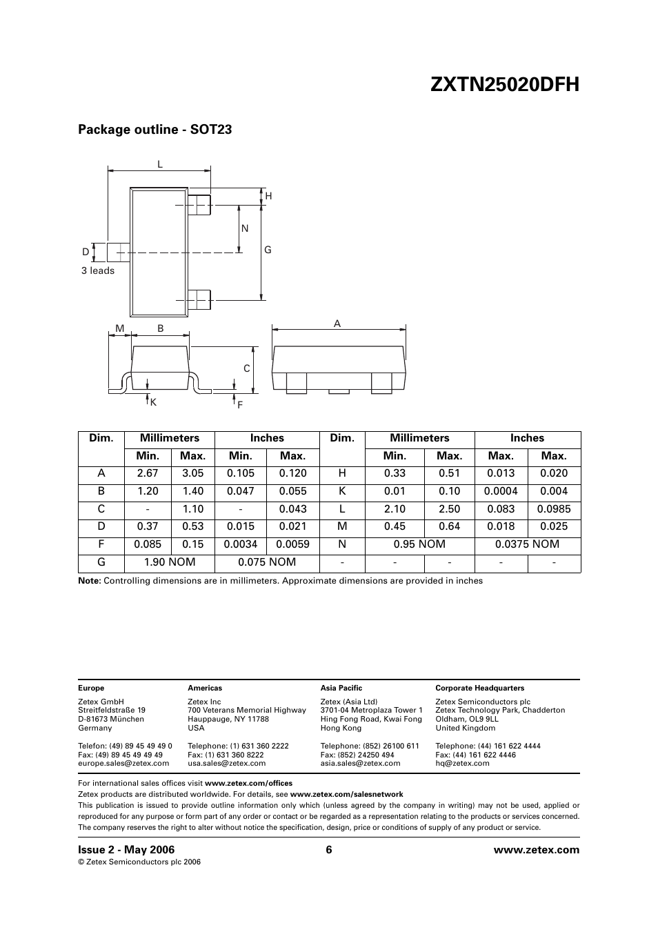 Package outline - sot23 | Diodes ZXTN25020DFH User Manual | Page 6 / 6