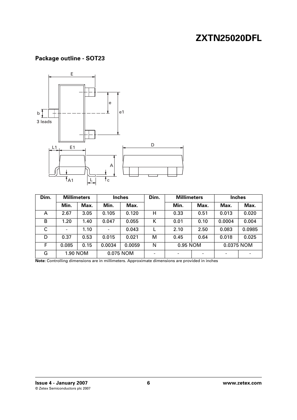 Package outline - sot23 | Diodes ZXTN25020DFL User Manual | Page 6 / 8