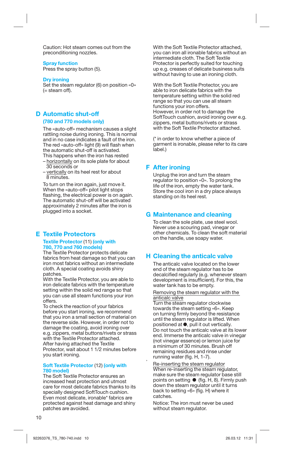 D automatic shut-off, E textile protectors, F after ironing | G maintenance and cleaning, H cleaning the anticalc valve | Braun TexStyle 7 740 User Manual | Page 10 / 86