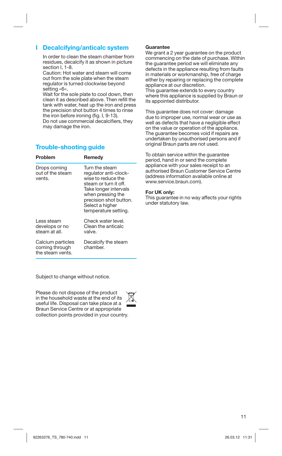 I decalcifying/anticalc system, Trouble-shooting guide | Braun TexStyle 7 740 User Manual | Page 11 / 86