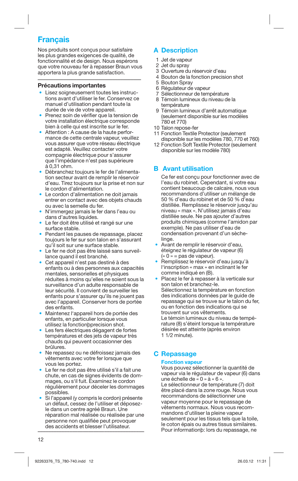 Français, A description, B avant utilisation | C repassage | Braun TexStyle 7 740 User Manual | Page 12 / 86