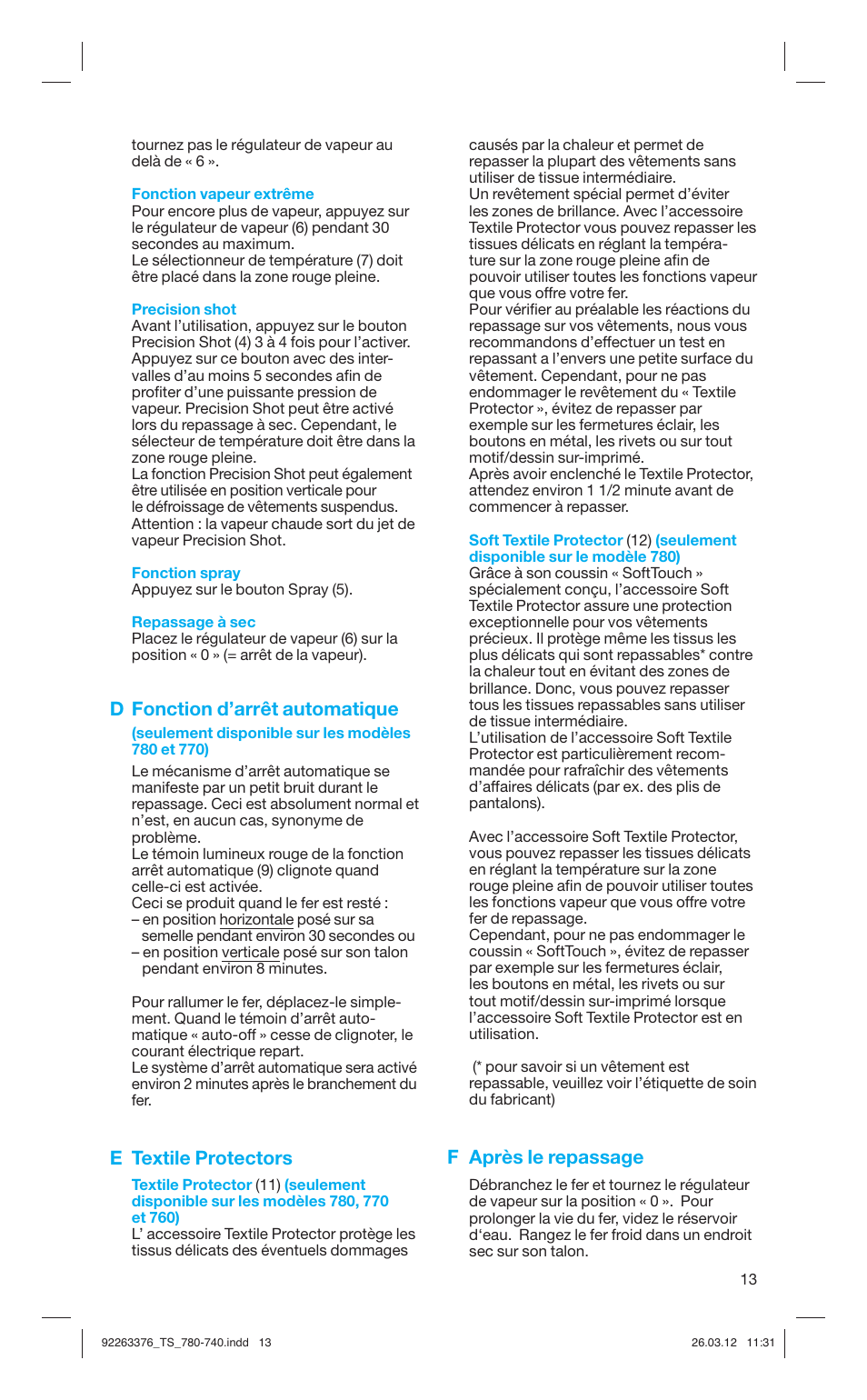 D fonction d’arrêt automatique, E textile protectors, F après le repassage | Braun TexStyle 7 740 User Manual | Page 13 / 86