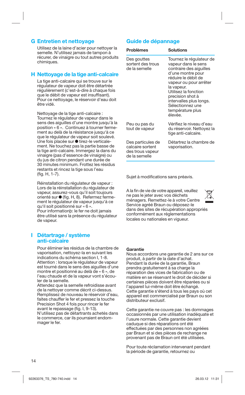 G entretien et nettoyage, H nettoyage de la tige anti-calcaire, I détartrage / système anti-calcaire | Guide de dépannage | Braun TexStyle 7 740 User Manual | Page 14 / 86