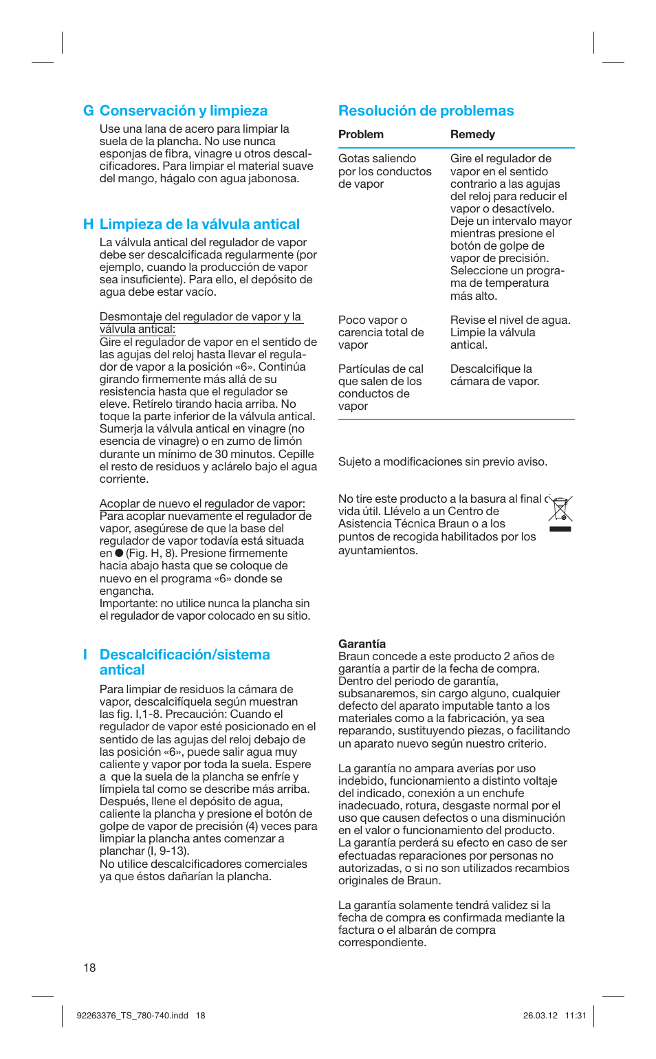 G conservación y limpieza, H limpieza de la válvula antical, I descalciﬁ cación/sistema antical | Resolución de problemas | Braun TexStyle 7 740 User Manual | Page 18 / 86