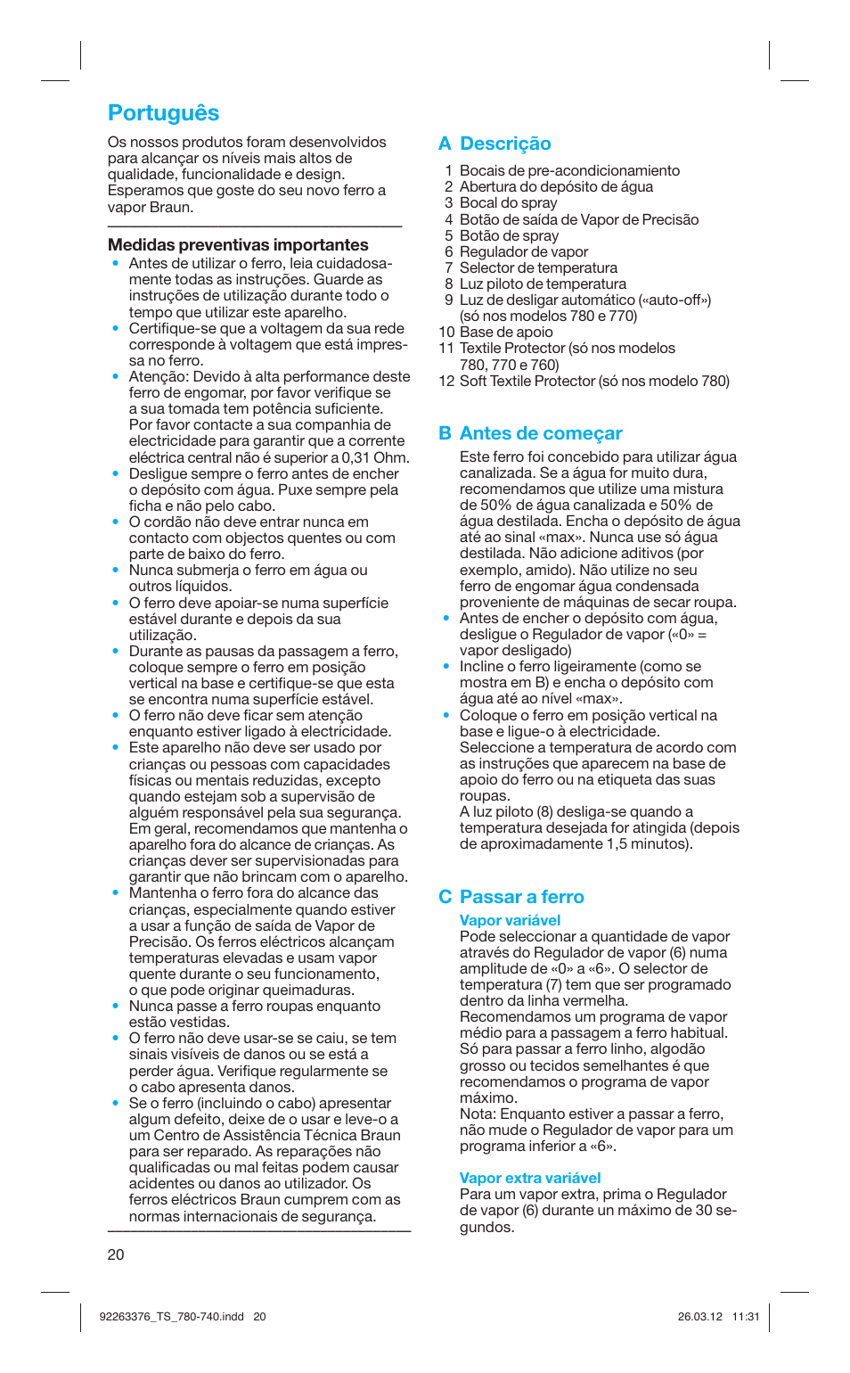 Português, A descrição, B antes de começar | C passar a ferro | Braun TexStyle 7 740 User Manual | Page 20 / 86