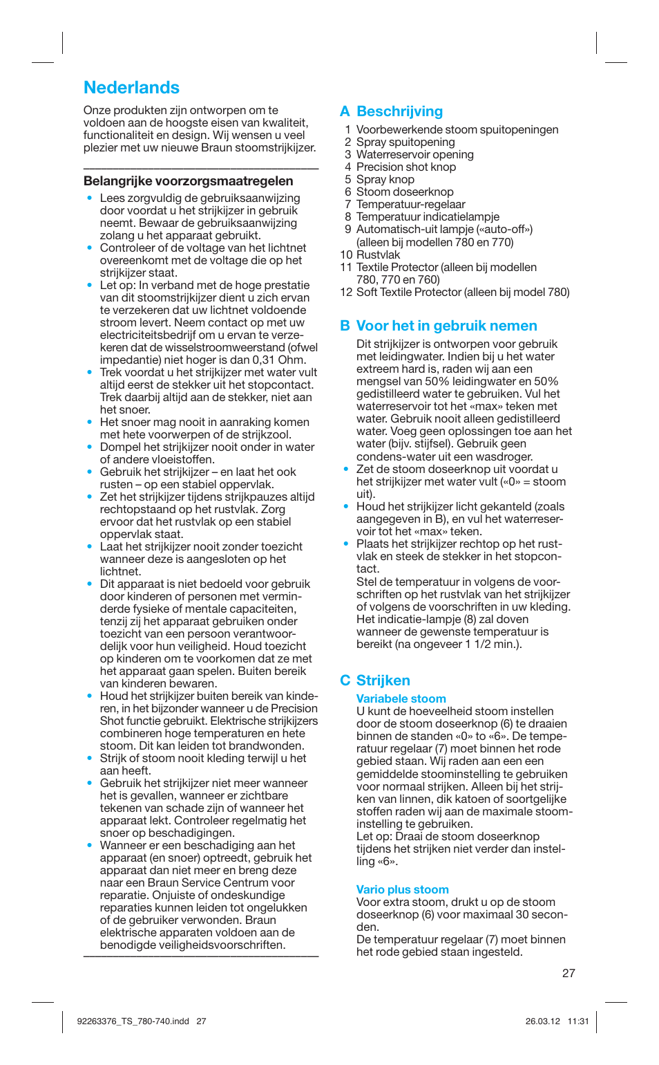 Nederlands, A beschrijving, B voor het in gebruik nemen | C strijken | Braun TexStyle 7 740 User Manual | Page 27 / 86