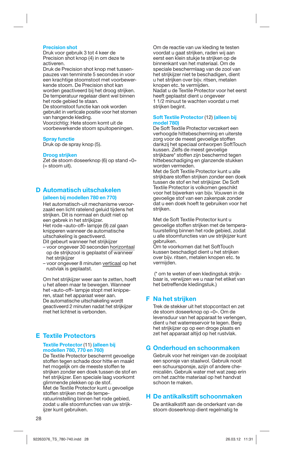 D automatisch uitschakelen, E textile protectors, F na het strijken | G onderhoud en schoonmaken, H de antikalkstift schoonmaken | Braun TexStyle 7 740 User Manual | Page 28 / 86