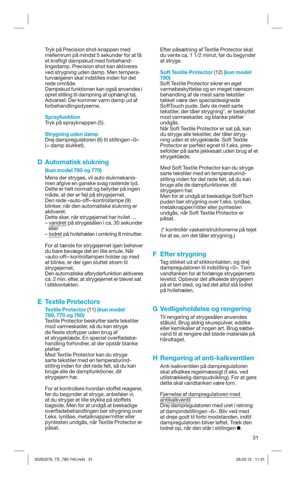 D automatisk slukning, E textile protectors, F efter strygning | G vedligeholdelse og rengøring, H rengøring af anti-kalkventilen | Braun TexStyle 7 740 User Manual | Page 31 / 86