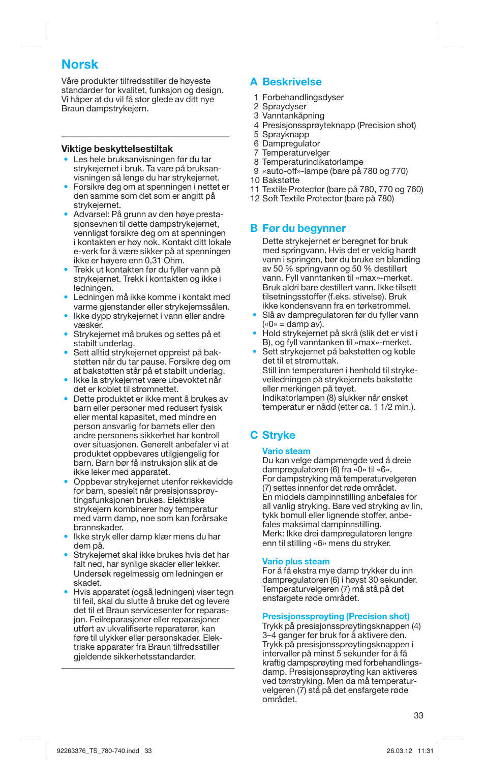 Norsk, A beskrivelse, B før du begynner | C stryke | Braun TexStyle 7 740 User Manual | Page 33 / 86