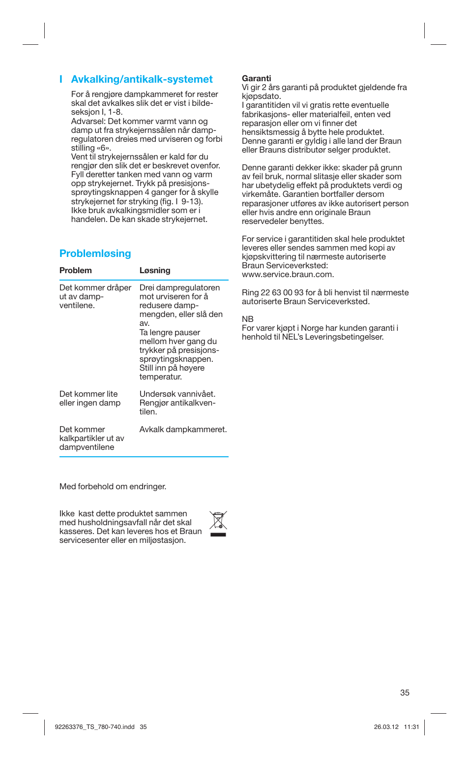 I avkalking/antikalk-systemet, Problemløsing | Braun TexStyle 7 740 User Manual | Page 35 / 86