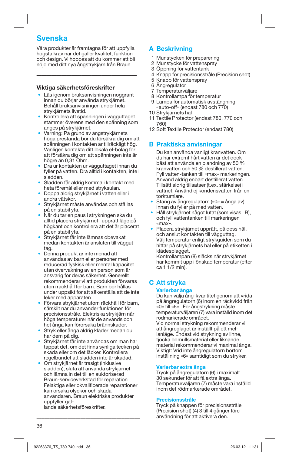 Svenska, A beskrivning, B praktiska anvisningar | C att stryka | Braun TexStyle 7 740 User Manual | Page 36 / 86