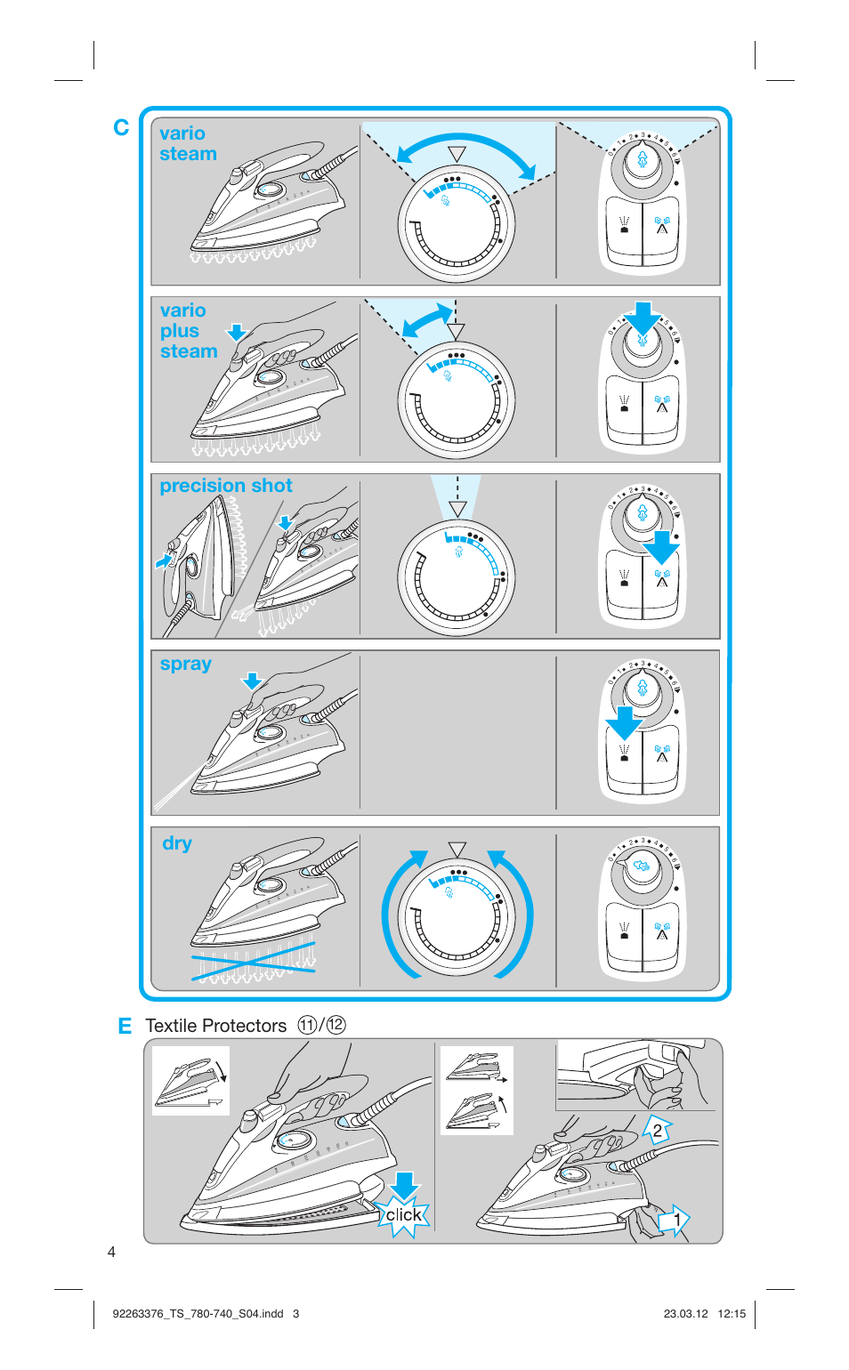 Vario steam vario plus steam spray dry, Precision shot, Textile protectors | Braun TexStyle 7 740 User Manual | Page 4 / 86