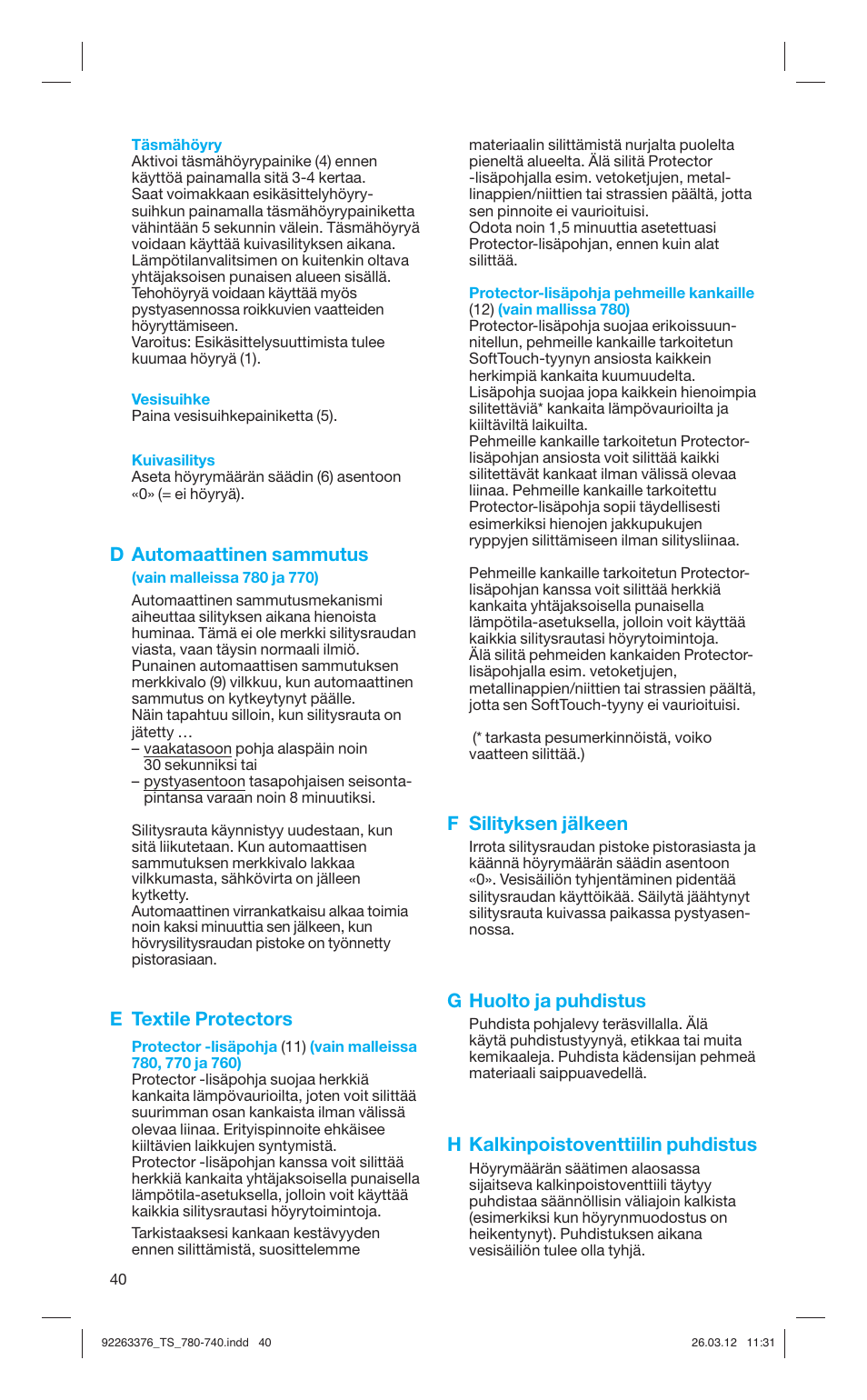 D automaattinen sammutus, E textile protectors, F silityksen jälkeen | G huolto ja puhdistus, H kalkinpoistoventtiilin puhdistus | Braun TexStyle 7 740 User Manual | Page 40 / 86