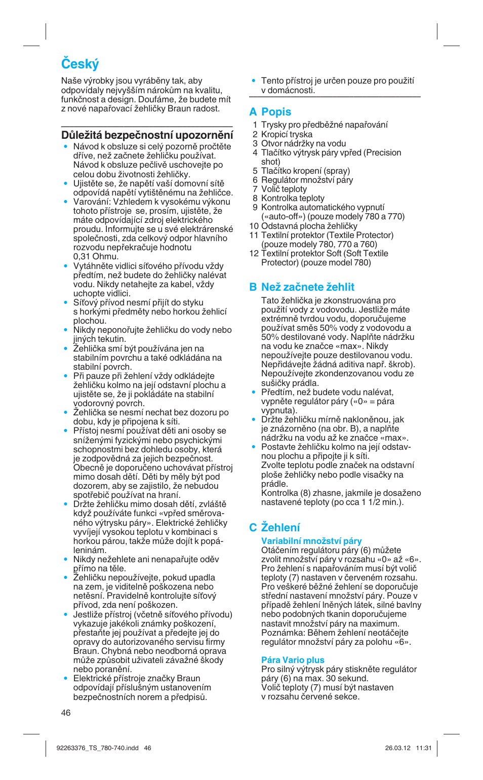 Âesk, Dûleïitá bezpeãnostní upozornûní, A popis | B neï zaãnete ïehlit, C îehlení | Braun TexStyle 7 740 User Manual | Page 46 / 86
