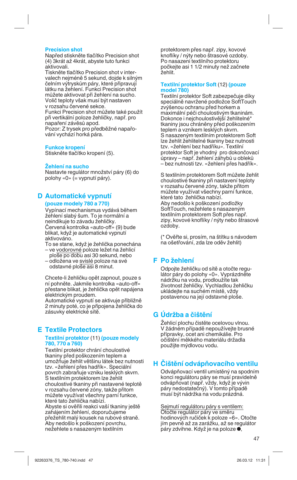 D automatické vypnutí, E textile protectors, F po ïehlení | G údrïba a ãi‰tûní, H âi‰tûní odvápàovacího ventilu | Braun TexStyle 7 740 User Manual | Page 47 / 86