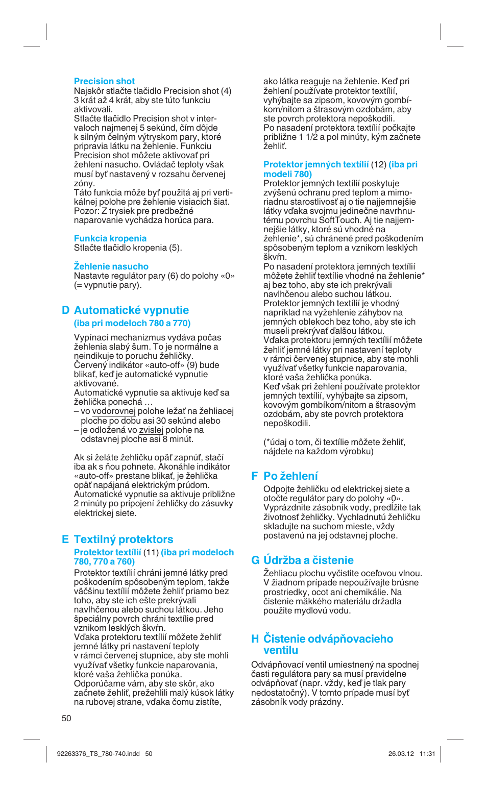 D automatické vypnutie, E textiln˘ protektors, F po ïehlení | G údrïba a ãistenie, H âistenie odvápàovacieho ventilu | Braun TexStyle 7 740 User Manual | Page 50 / 86