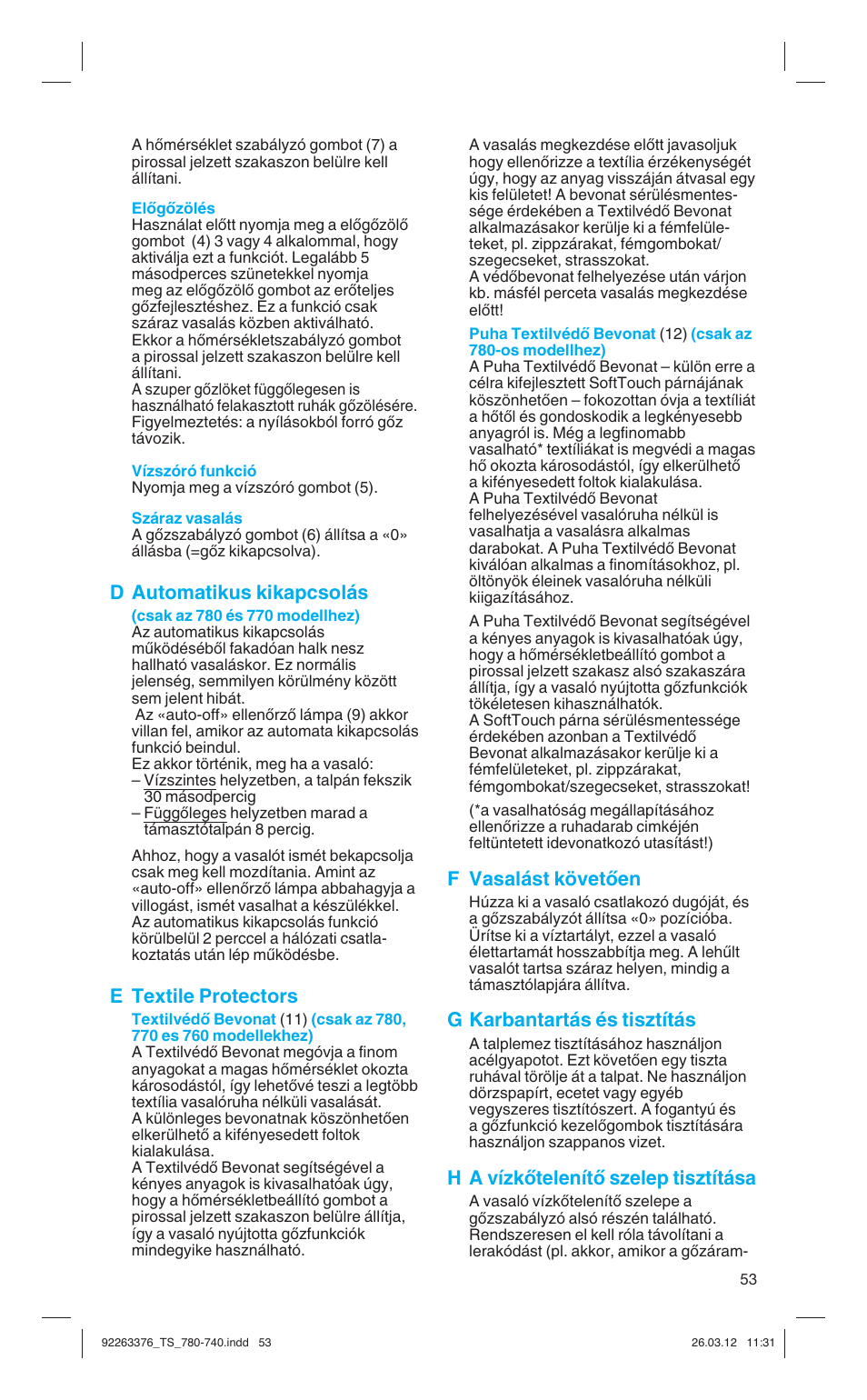 D automatikus kikapcsolás, E textile protectors, F vasalást követœen | G karbantartás és tisztítás, H a vízkœtelenítœ szelep tisztítása | Braun TexStyle 7 740 User Manual | Page 53 / 86