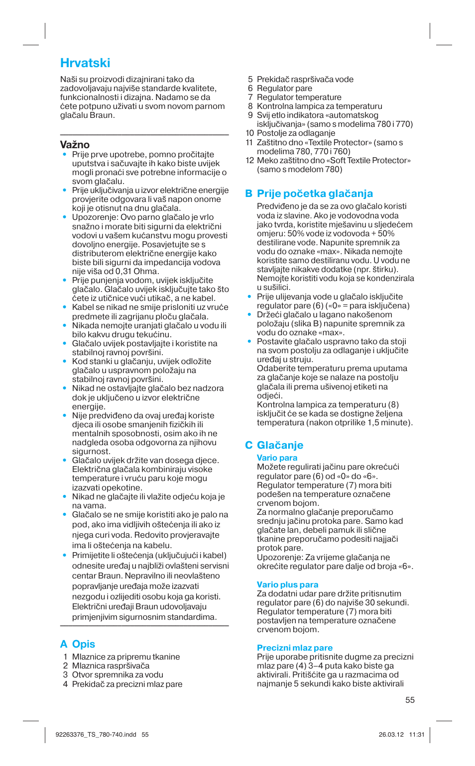 Hrvatski, Važno, A opis | B prije početka glačanja, C glačanje | Braun TexStyle 7 740 User Manual | Page 55 / 86