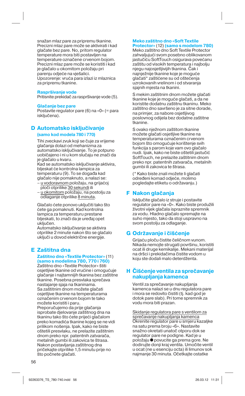 D automatsko isključivanje, E zaštitna dna, F nakon glačanja | G održavanje i čišćenje | Braun TexStyle 7 740 User Manual | Page 56 / 86