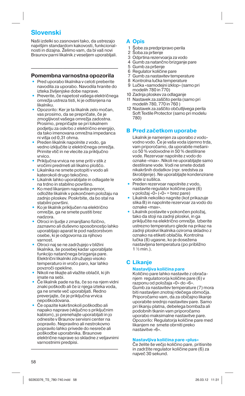 Slovenski, Pomembna varnostna opozorila, A opis | B pred začetkom uporabe, C likanje | Braun TexStyle 7 740 User Manual | Page 58 / 86