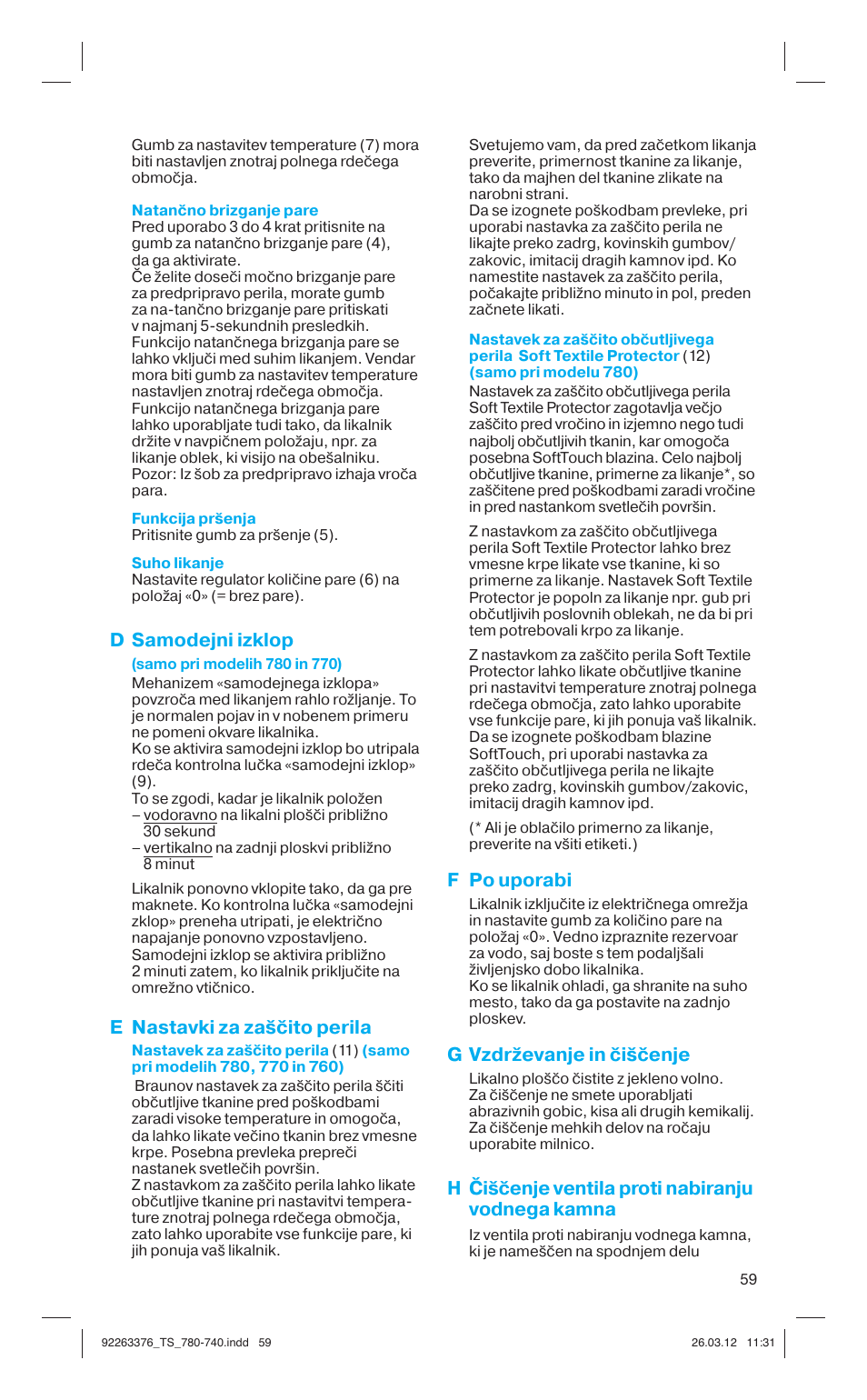 D samodejni izklop, E nastavki za zaščito perila, F po uporabi | G vzdrževanje in čiščenje, H čiščenje ventila proti nabiranju vodnega kamna | Braun TexStyle 7 740 User Manual | Page 59 / 86