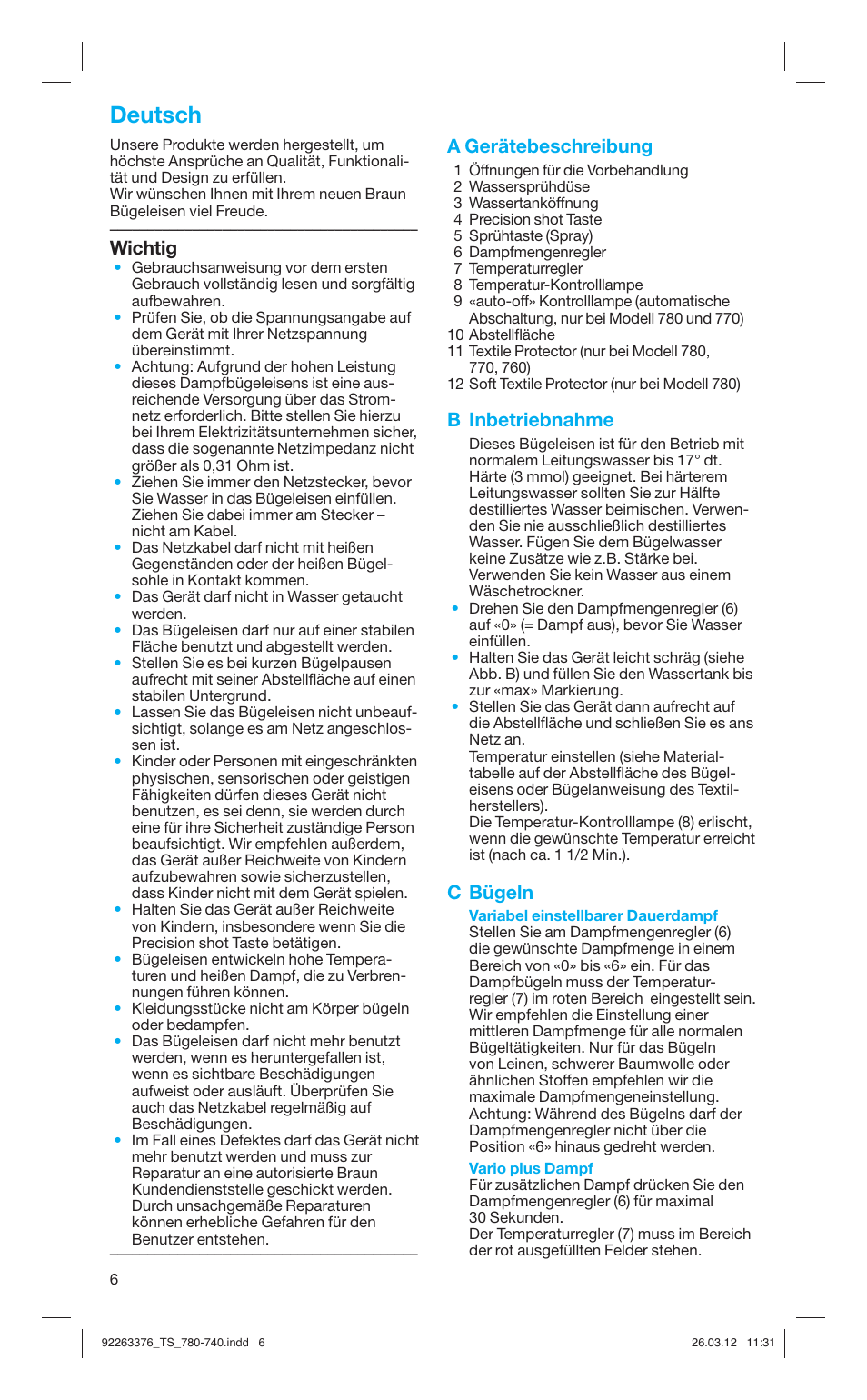 Deutsch, Wichtig, A gerätebeschreibung | B inbetriebnahme, C bügeln | Braun TexStyle 7 740 User Manual | Page 6 / 86