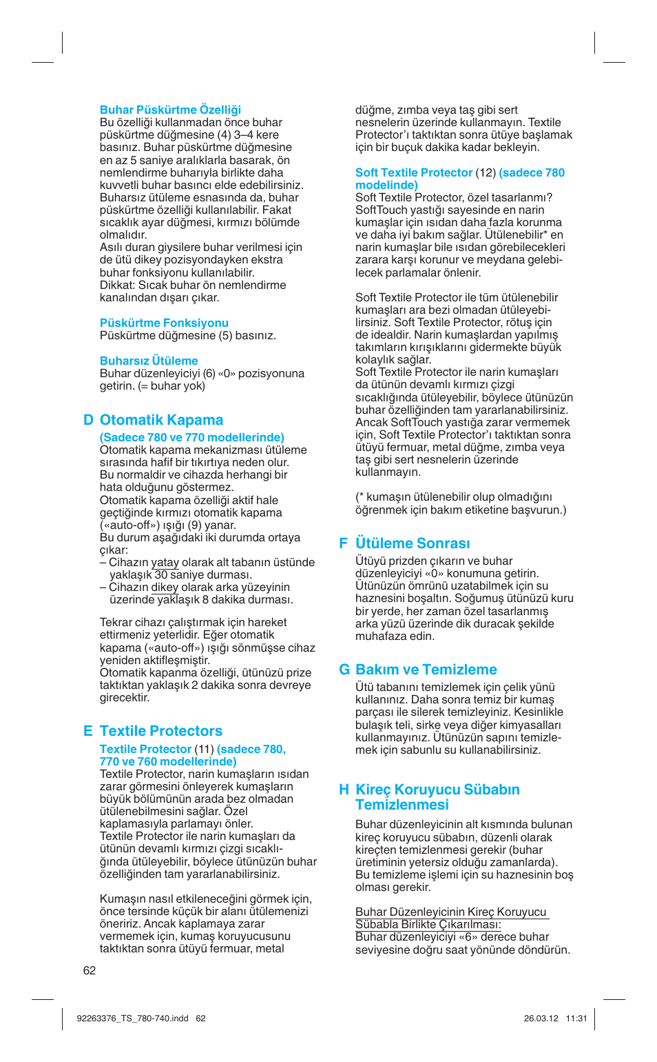 D otomatik kapama, E textile protectors, F ütüleme sonrası | G bakım ve temizleme, H kireç koruyucu sübabın temizlenmesi | Braun TexStyle 7 740 User Manual | Page 62 / 86