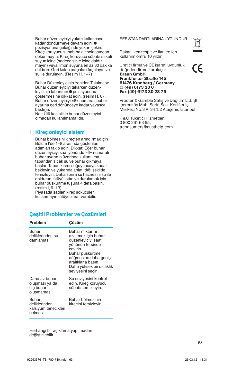 I kireç önleyici sistem, Çeμitli problemler ve çözümleri | Braun TexStyle 7 740 User Manual | Page 63 / 86