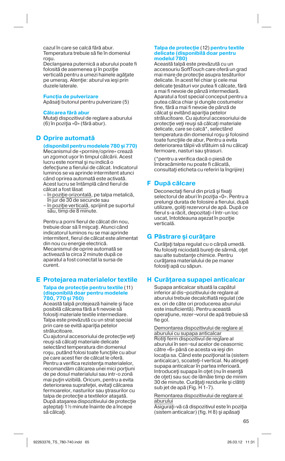 D oprire automată, E protejarea materialelor textile, F după călcare | G păstrare şi curăţare, H curăţarea supapei anticalcar | Braun TexStyle 7 740 User Manual | Page 65 / 86