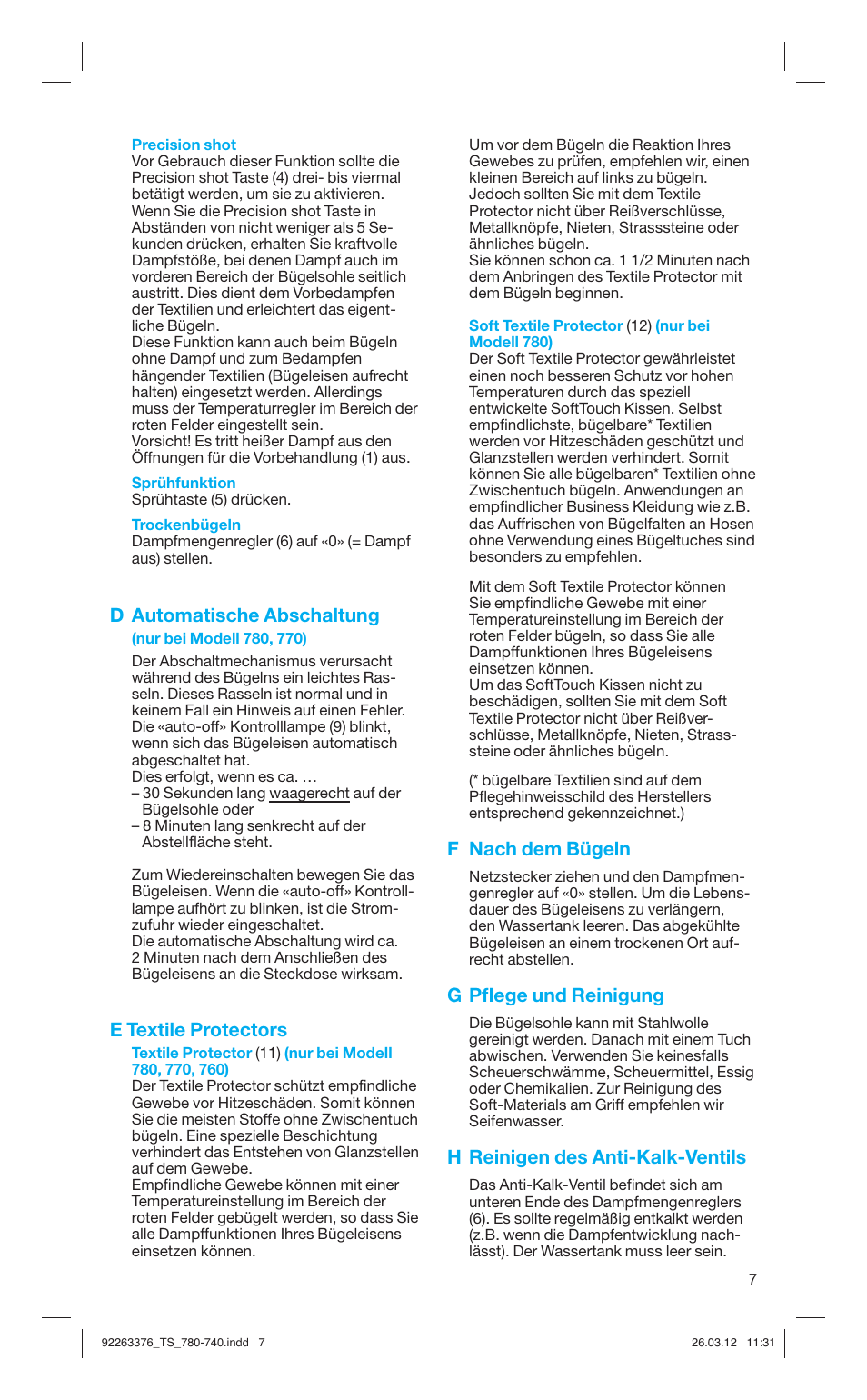 D automatische abschaltung, E textile protectors, F nach dem bügeln | G pﬂ ege und reinigung, H reinigen des anti-kalk-ventils | Braun TexStyle 7 740 User Manual | Page 7 / 86