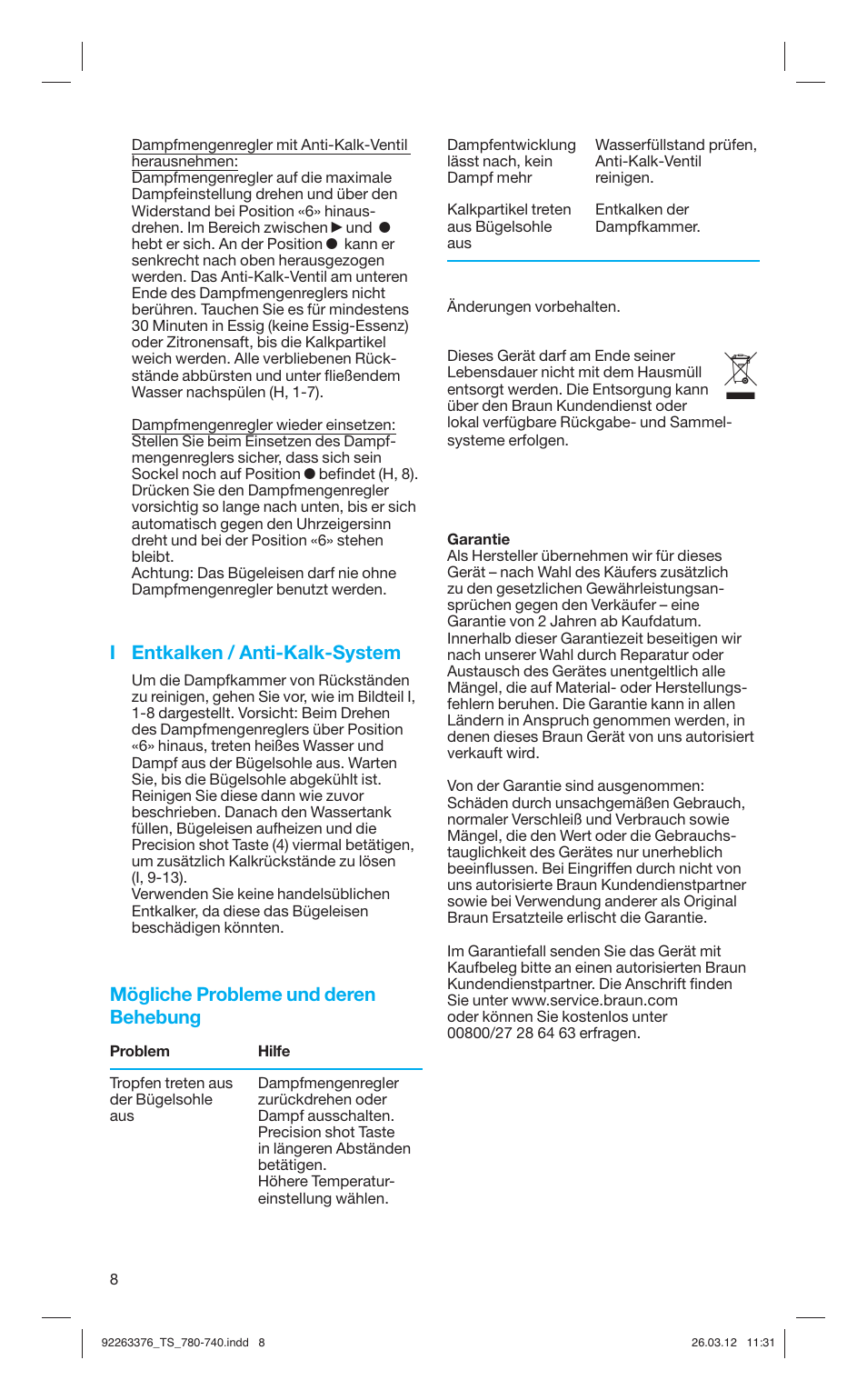 I entkalken / anti-kalk-system, Mögliche probleme und deren behebung | Braun TexStyle 7 740 User Manual | Page 8 / 86