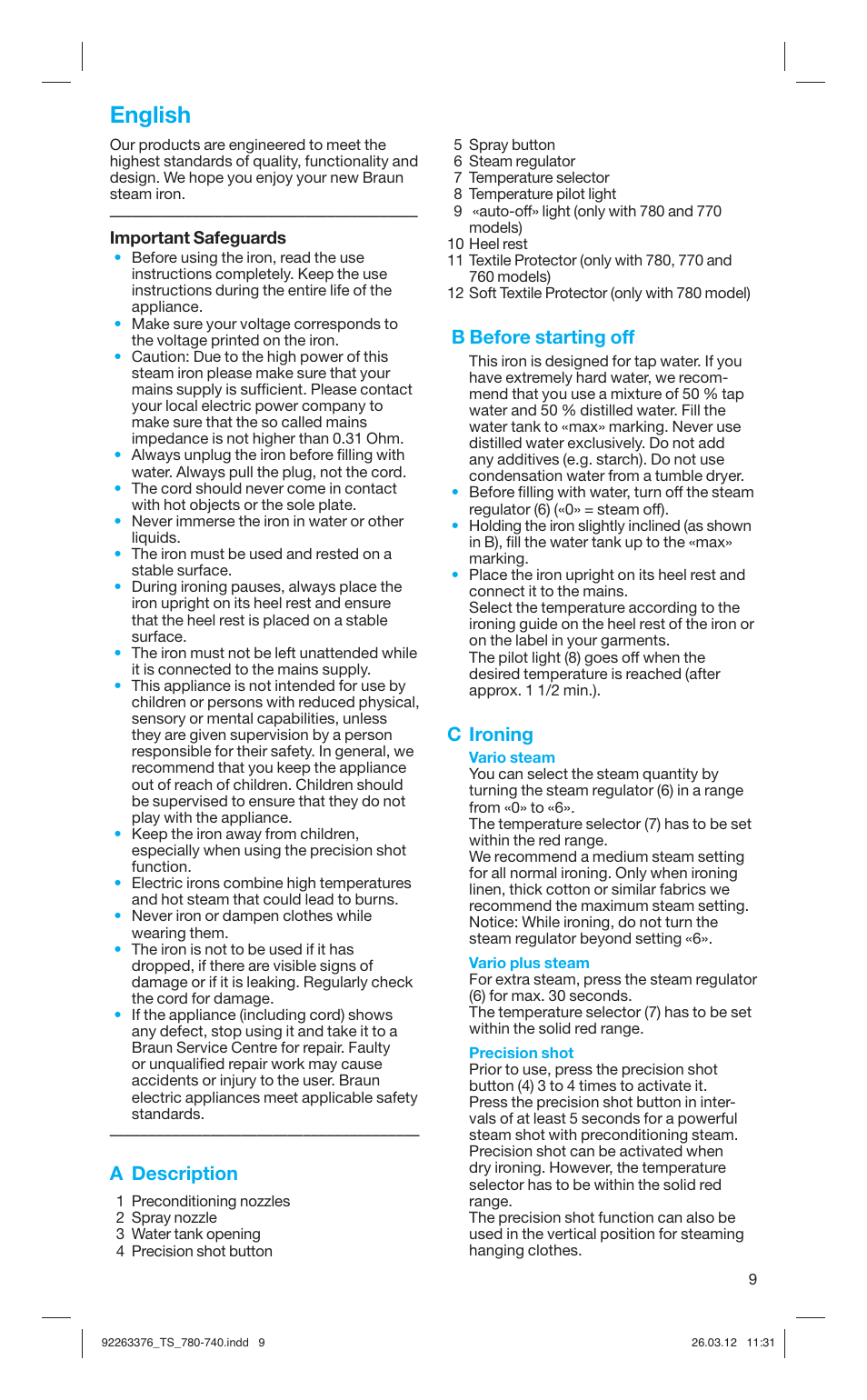 English, A description, B before starting off | C ironing | Braun TexStyle 7 740 User Manual | Page 9 / 86