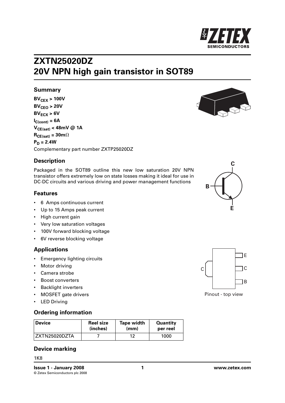 Diodes ZXTN25020DZ User Manual | 8 pages