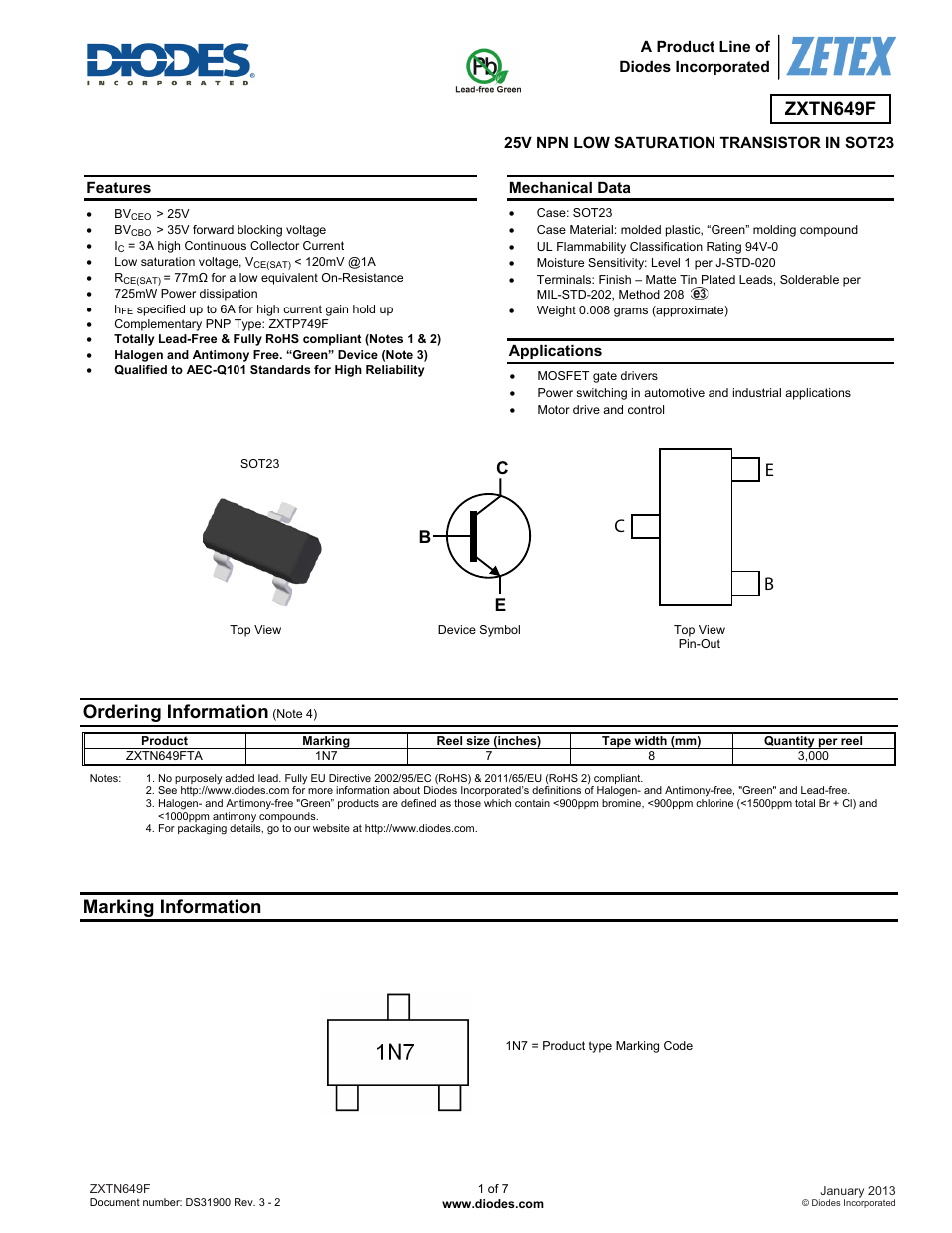 Diodes ZXTN649F User Manual | 7 pages