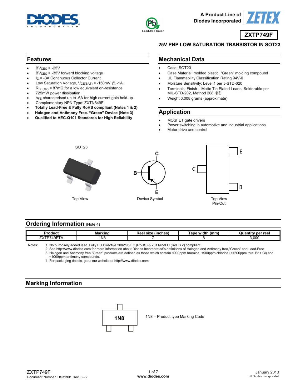 Diodes ZXTP749F User Manual | 7 pages