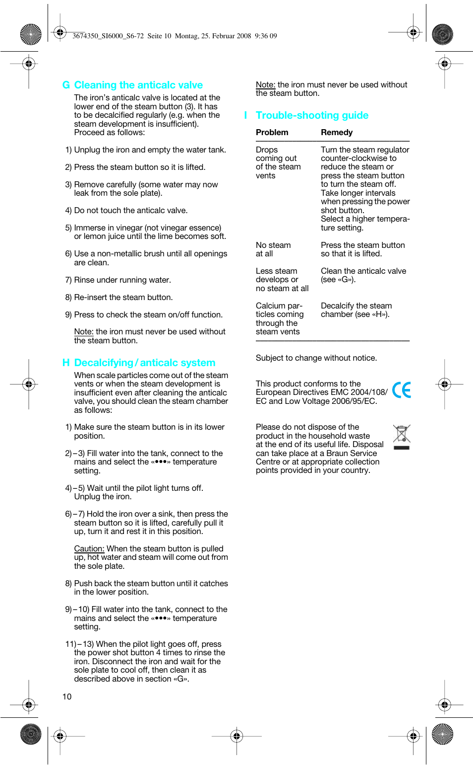 G cleaning the anticalc valve, H decalcifying / anticalc system, I trouble-shooting guide | Braun FreeStyle SI 6261 User Manual | Page 10 / 70