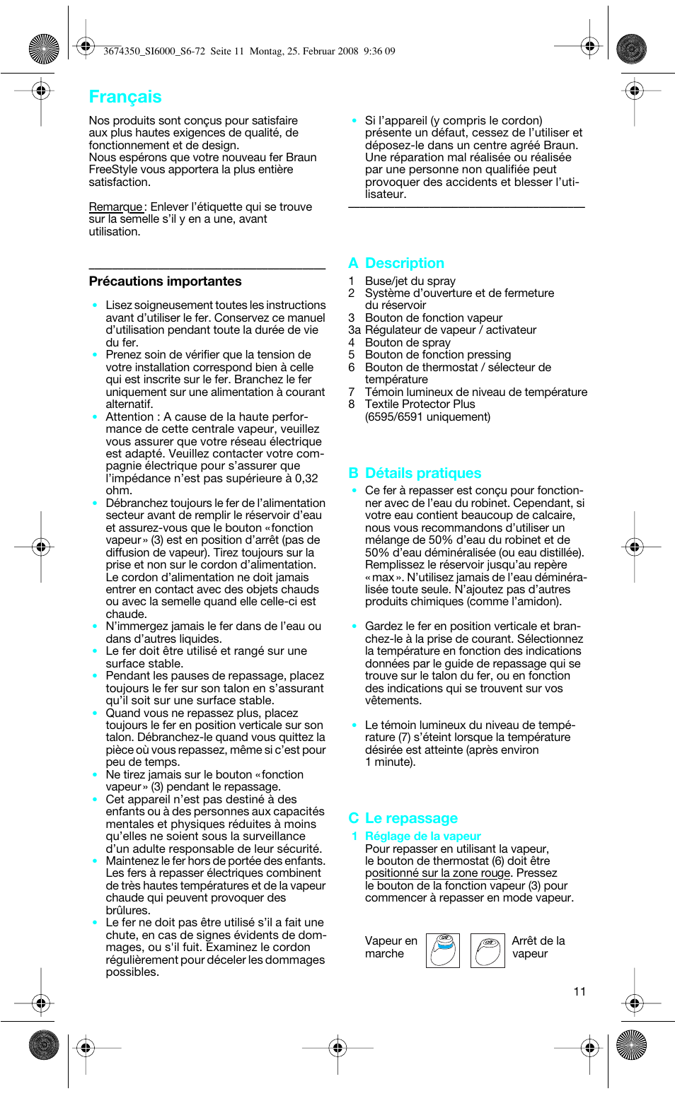 Français, A description, B détails pratiques | C le repassage | Braun FreeStyle SI 6261 User Manual | Page 11 / 70