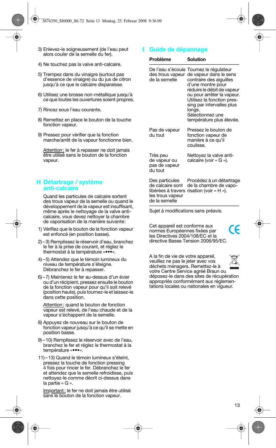 H détartrage / système anti-calcaire, I guide de dépannage | Braun FreeStyle SI 6261 User Manual | Page 13 / 70